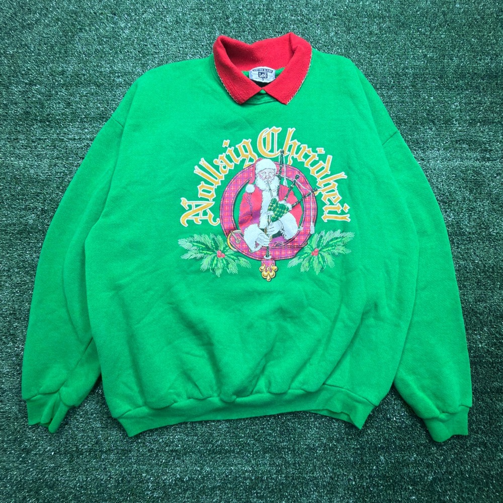 Vintage Lee Nollaig Chridheil Bagpipe Santa Christmas Sweatshirt XL Green Mens